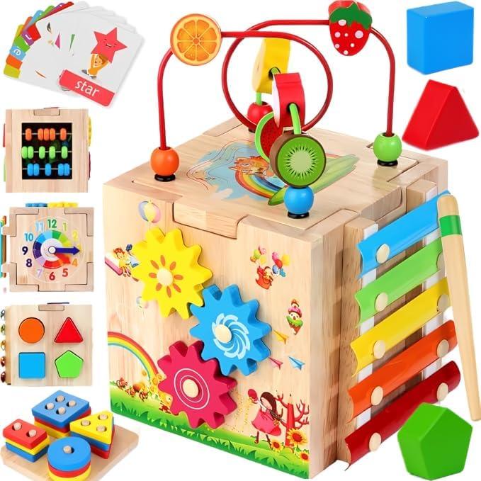 8-in-1 Wooden Baby Activity Cube - Xylophone, Shape Sorter, Abacus| 1st Birthday Gift Toys for One 1 2 3 Year Old Boy Girl | Montessori Educational Learning Toddler Toy| Bonus Sorting & Stacking Board (Blue Packaging)
