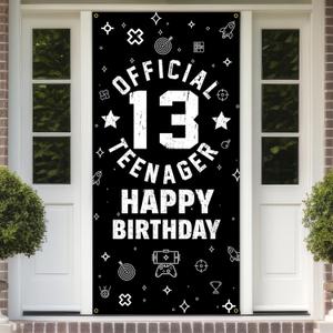 Official Teenager 13th Birthday Decorations for Boys Girls - Fabric 13 Year Old Birthday Backdrop Banner, Yard Sign, Photo Props, Door Decor - Black White Birthday Party Supplies