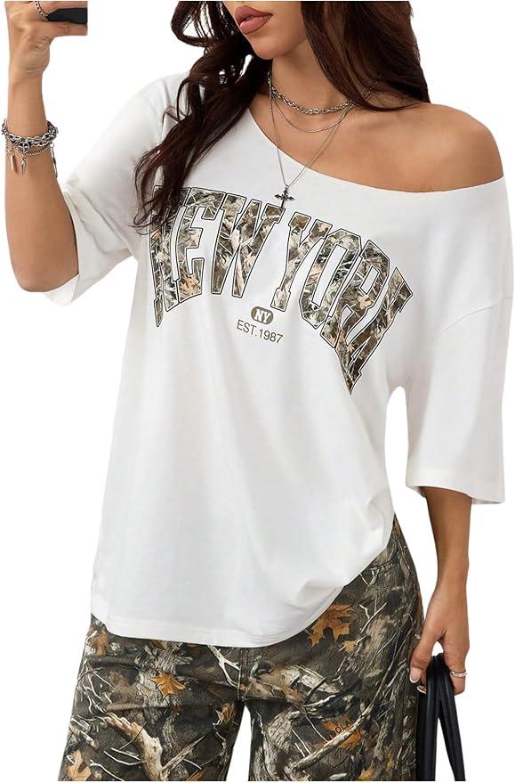 SOLY HUX Women's Letter Graphic Asymmetrical Neck T Shirt Half Sleeve Oversized Y2k Tops White Letter Medium
