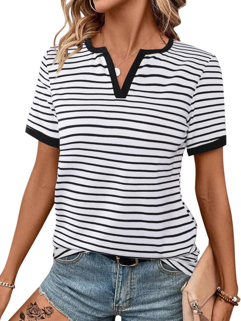 LilyCoco Women's Striped Shirt Short Sleeve Color Block Tops Notched Neck Summer Tee White Large (White, L)
