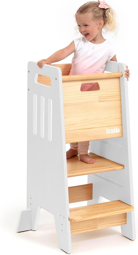 OCODILE Toddler Tower with a Sliding Door and 3 Adjustable Heights - Safe Toddler Kitchen Stool Helper with Support Feet - Updated Design for 18+ Months to 6-Year-Old Kids - White