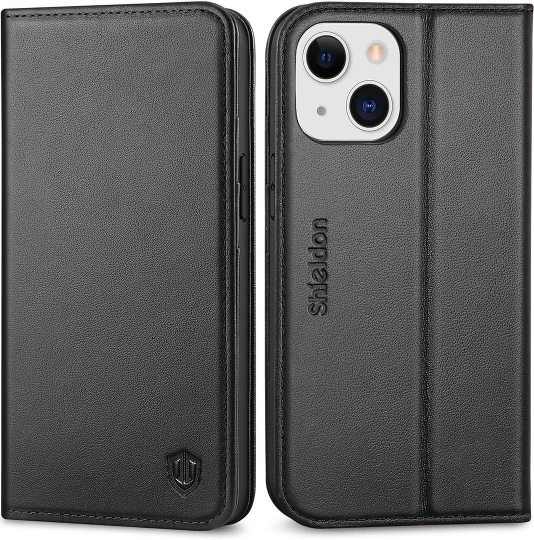SHIELDON Case for iPhone 13 Mini 5G, Genuine Leather Wallet Folio Magnetic Closure RFID Blocking Card Slots Kickstand Protection Cover Compatible with iPhone 13 Mini (5.4") - Black