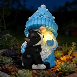 GIGALUMI Solar Garden Statue, Gnome with Dog Outdoor Decor, Gnomes Decoration Gifts with LED for Patio Yard Lawn Balcony, Christmas/Birthday Gift for Mom Women