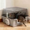Oneluck Large Cat Litter Box with Transparent Covered,Mat and Scoop, Convenient for Observing Cats, Front Door Flap for Privacy, Gray (Light Grey)