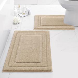 HOMEIDEAS Bathroom Rugs Sets 2 Piece, Super Soft and Absorbent Non Slip Microfiber U-Shaped Toilet Bath Mat Set (20"x32"+U20 x24, Beige)