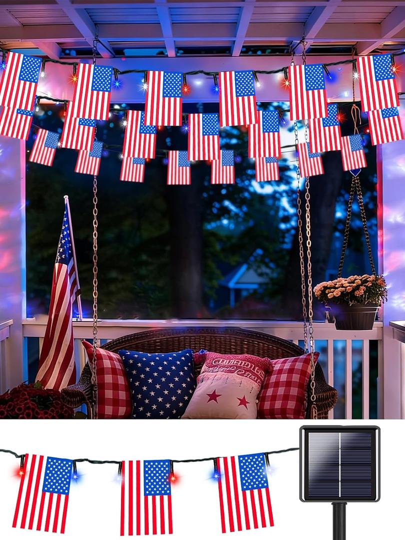 4th of July Decorations, Solar American Flag Lights Outdoor with 8 Modes, 18.8FT 25 USA Flags & 50 Red White and Blue LEDs Patriotic String Lights Waterproof for Independence Day 250th Anniversary