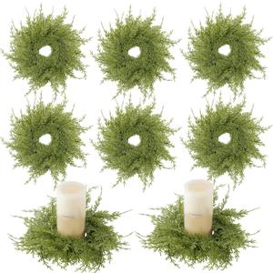 8 Pcs Cedar Wreath Candle Ring Mini Wreath Outer 8.7 Inch Artificial Pine Garland Candle Ring Holder for Christmas Cabinet Table Chair Windows Wedding Doors Xmas Tree Centerpiece Decorations