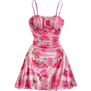WDIRARA Women's Floral Print Ruched Cami Dress Spaghetti Strap Ruffle Hem Mesh Mini Dress Multicolor Pink X-Small