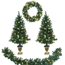 9 ft. Pre-Lit Christmas Decoration Set Artificial Christmas Garland Wreath and Entrance Trees (4-Pieces)