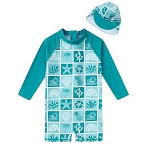 uideazone Baby Boy Rash Guard 6-12 Months Bathing Suits Long Sleeve One Piece Green Shell Swimsuits with Sun Hat UPF 50+ Sun Protection Swimwear
