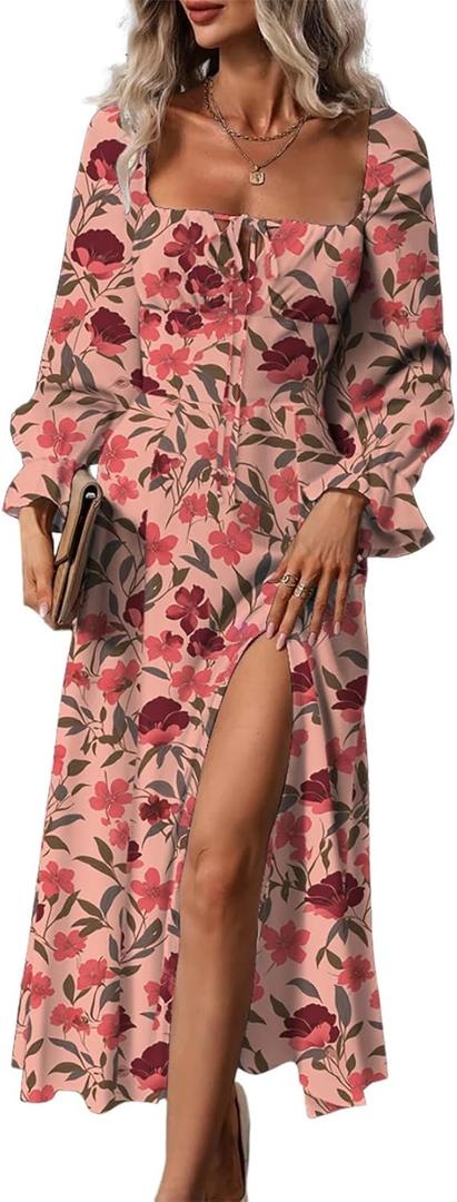 BLENCOT Womens Casual Square Neck Long Sleeve Boho Floral Midi Dress Print Side Split Dresses (Small)