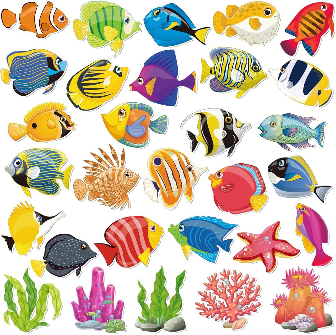 Nezyo 200 Pcs Tropical Fish Cutouts Sea Life Cut Outs Ocean Animal Accents Fish Cut-Outs Paper Colorful Under The Sea Party Classroom Bulletin Board Decorations with 400 Glue Points