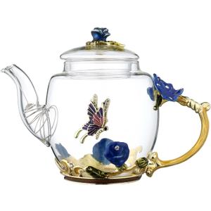 Safe Durable Floral Glass Teapot with Gold Leaves Edge Colourful Flower Pattern Floral Vintage Teapot Tea Party Set (Blue)