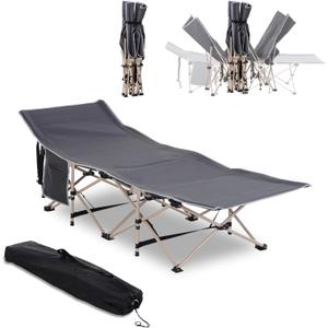 Portable Folding Camping Cot for Adults with Carry Bag & Side Pocket - Elevated Military Style Sleeping Bed for Outdoor Adventures, Travel, Camping, & Vacations - Supports up to 330 lbs (Grey)