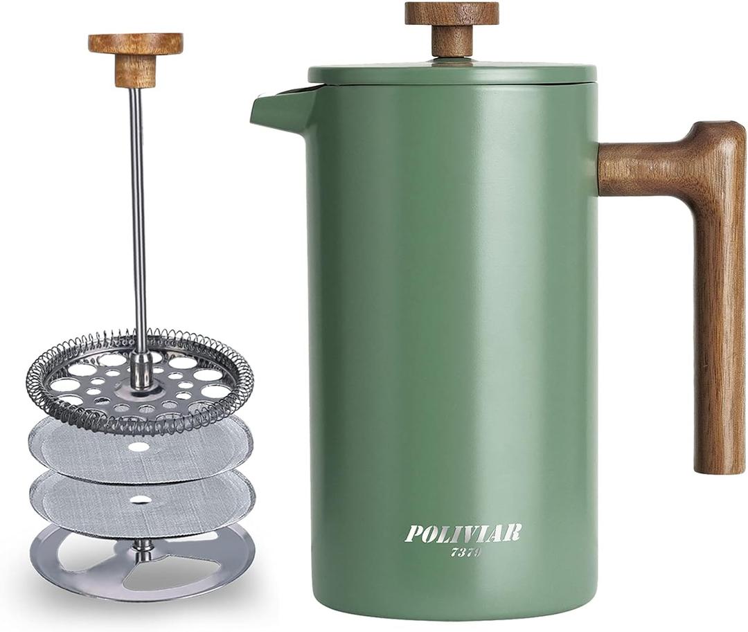 POLIVIAR French Press Coffee Maker, 34 oz Coffee Press with Real Wood Handle, Double Wall Insulation & Dual-Filter Screen, Food Grade Stainless Steel for Good Coffe and Tea (Flatland) (Green)