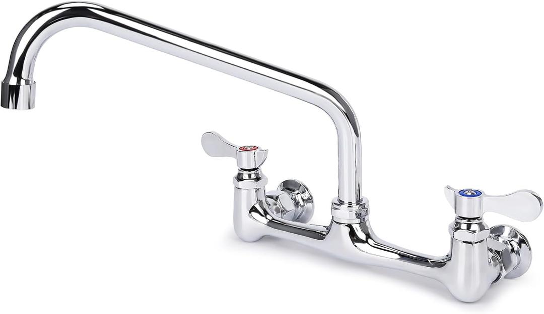 Wall Mount Kitchen Faucet 8" Center Commercial Sink Faucet with 10" Swivel Spout Dual Handles Brass Utility Sink Faucet for Laundry Room Restaurant Polish Chrome