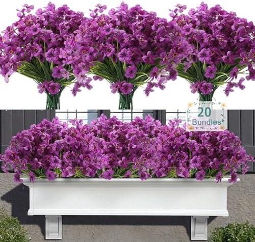 Satefello 10 Bundles Artificial Flowers for Outdoors, UV Resistant Fake Realistic Flowers with Plastic Plants Spring Decor, Faux Silk Flowers for Outside Window Box Front Porch Planter Decor-Purple