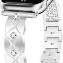 JR.DM Silver Watch Band Women Compatible with Apple Watch 38mm 40mm 41mm 42m 44mm 45mm 46mm 49mm Elegant Bling Diamond Metal Jewelry Adjustable Strap for iWatch Series 11/10/9/8/SE/7/6/5/4/3/2/1 SE