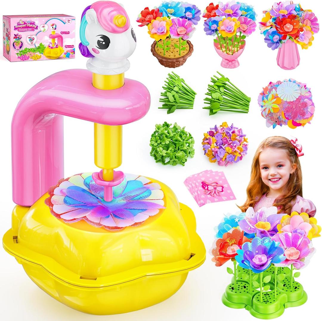 Osllate DIY Arts and Crafts for Kids Flower Toys with Lighted vase, Upgraded Unicornous Design Fabric Bouquet Craft Kits for Kids Toys for Girls Christmas Birthday for 3-12+ Year Old, Pink