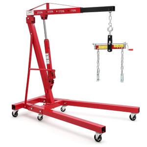 Garvee 2 Ton Folding Hydraulic Engine Hoist with Load Leveler for Garage Workshop Warehouse, 4400 LBS Capacity, Red