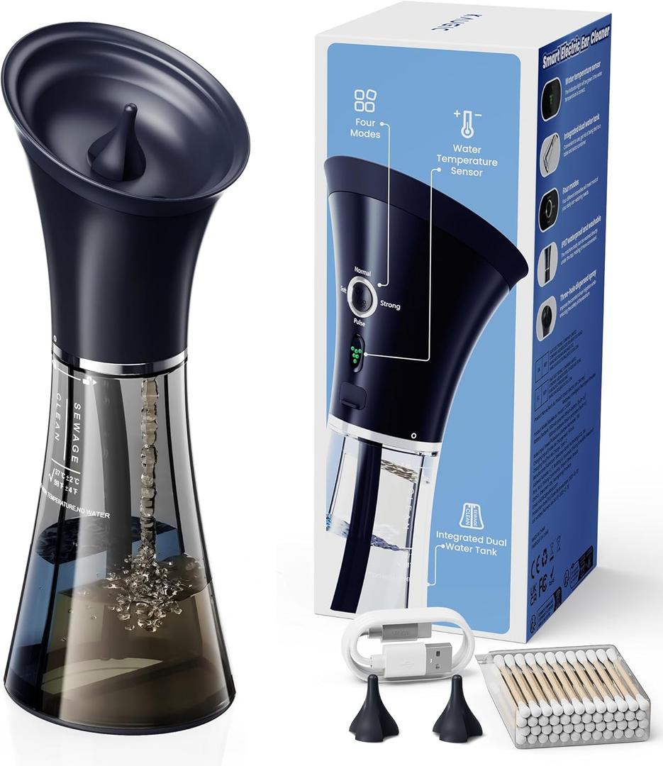 Upgraded Ear Wax Removal with One-Piece Waste Tank, Safe Cleaner with Water Temperature Sensor, Effective Ear Irrigation Kit, IPX7, FSA-HSA-Eligible, Semi-Transparent