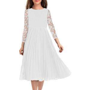 HOSIKA Flower Girl Dress Elegant Vintage Lace 3/4 Sleeve A-Line Pleated Formal Wedding Party Dress (White)
