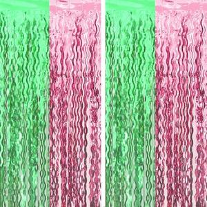Cyxevous Green Pink Tinsel Curtains, Wavy Foil Fringe Curtain Photo Booth Foil Curtain Backdrop Green Pink Theme Birthday Party Backdrop 2 Pcs 3.2 inch × 6.6 inch, Pack Of 2
