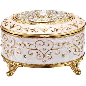 Vintage Jewelry Box Small Trinket Box - Oval Enamel Treasure Chest Box Metal Jewelry Box Golden Rings Earrings Holder Hand Painted Jewelry Keepsake Box Gift for Birthday, Christmas (Beige)