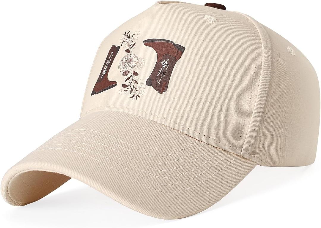 SANSTHS Cowboy Trucker Hats for Women Men Structured Vintage Trucker Hat Cow Print Baseball Cap Western Cowgirl Hat (Boots/ Beige White)