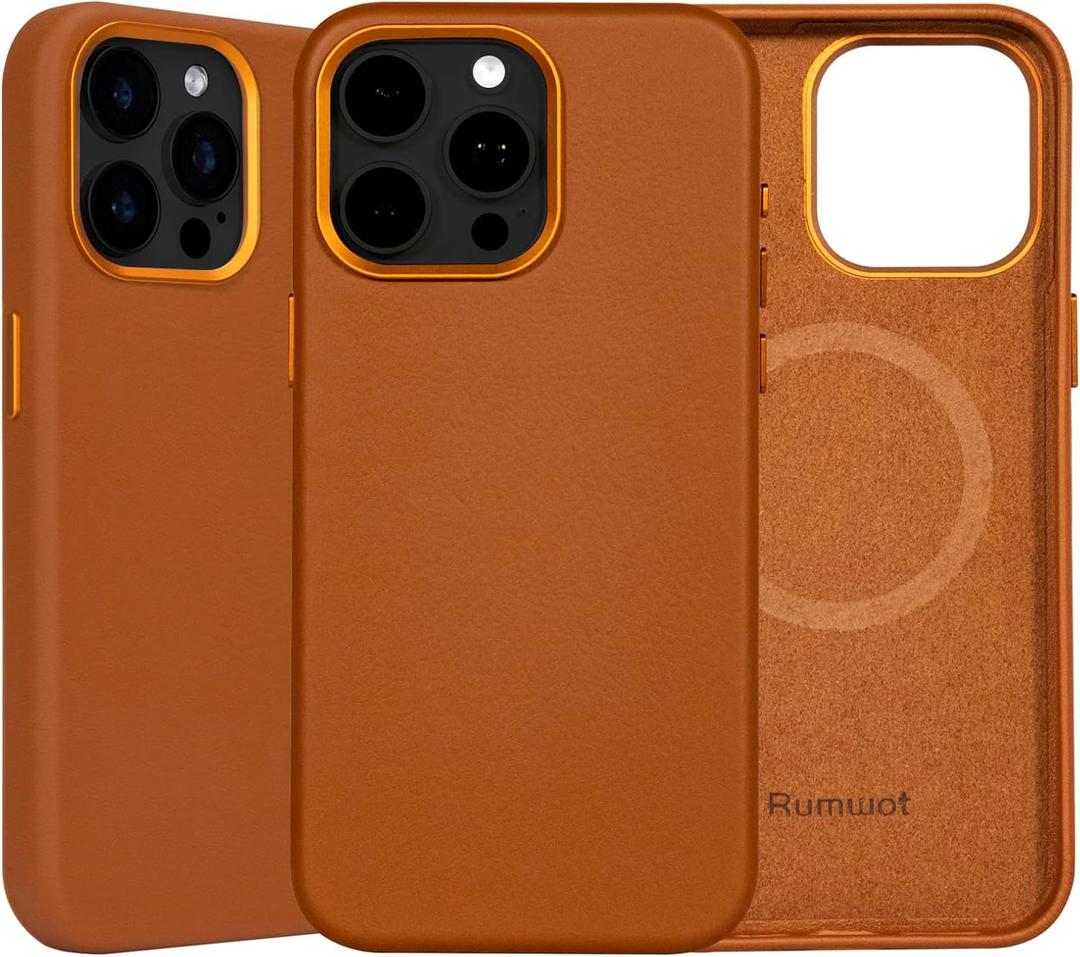 for iPhone 15 Pro Max Leather Case | Genuine Full Grain Leather| Compatible with MagSafe and Wireless Charging | Metal Buttons Camera Bezel | Slim Fit-Drop and Scratch Resistant(Brown)