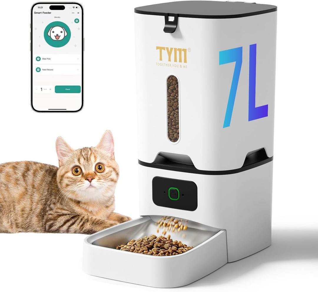 TYM Automatic Cat Feeder, 7L Time Cat Food Dispenser for Dry Food, APP Control Pet Feeder Programmable Portion Size, Auto Feeder for Cats Small Dogs with Stainless Bowl, Large Capacity (Not WiFi)