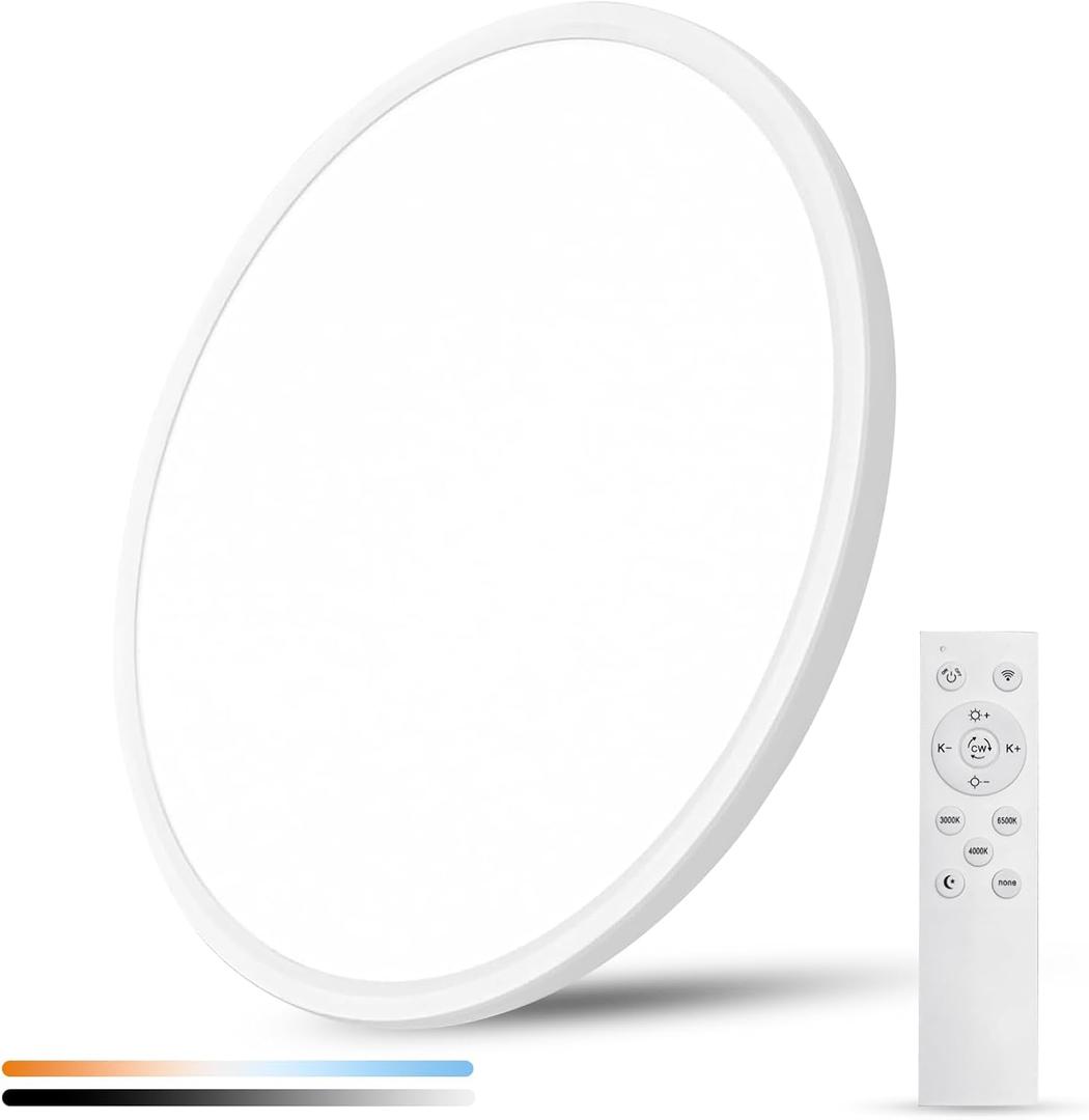 20 Inch Large LED Flush Mount Ceiling Light with Remote, 40W,4350LM, 3000K-6000K Selectable, White Round Flat Panel Low Profile Ceiling Light Fitures for Hallway, Kitchen, Bedroom, Laundry Room
