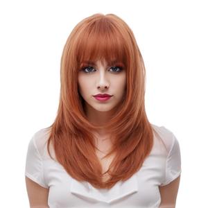 Rugelyss Long Auburn Wig with Bangs Layered Curly Copper Red Wigs for Women Natural Ginger Synthetic Wigs for Daily Use