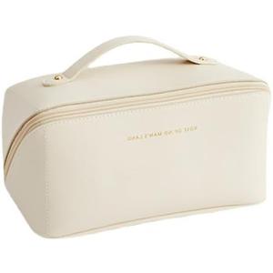 Travel Makeup Organizer Bag, Large Capacity PU Leather Cosmetic Bag for Women, Waterproof Portable Pouch Open Flat Toiletry Bag with Divider and Handle, Spacious Opening and Multi-Compartment Storage