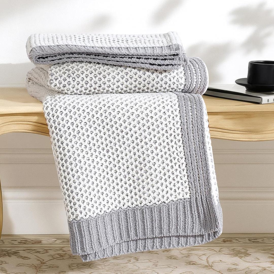 Amlie Home Honeycomb Knit Throw Blanket for Couch, Dual-Sided Soft Chenille Decorative Blankets for Sofa & Chair, 50"x60", Gray & White