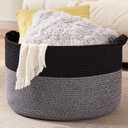 Large Blanket Storage Basket for Living Room, 22.8" x 22.8" x 13" Woven Cotton Rope Basket with Handles, Baby Toy Storage, Laundry Hamper for Clothes, Pillows, Towels-Black and Grey (90L)