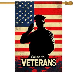 Veterans Day Garden Flag 28 x 40 Inch Double Sided House Flag with American Flag and Soldier Salute Design for Outdoor Yard Porch Memorial Patriotic Decor