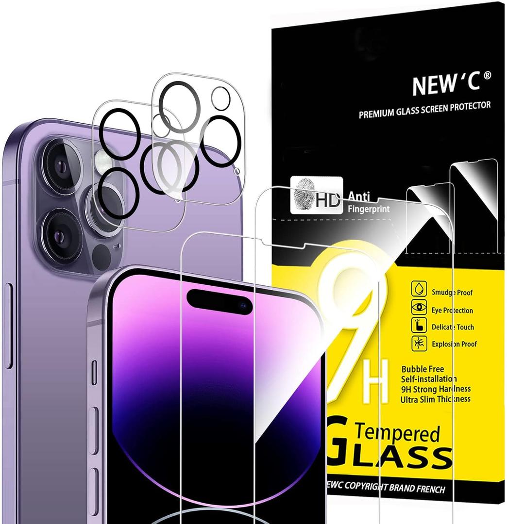 5 x NEW'C 4 Pack, 2 Pack for iPhone 14 Pro Max Screen Protector (6.7 inch) + 2 Pack Camera Lens Protector, Sensor Protection,Case Friendly Tempered Glass Film