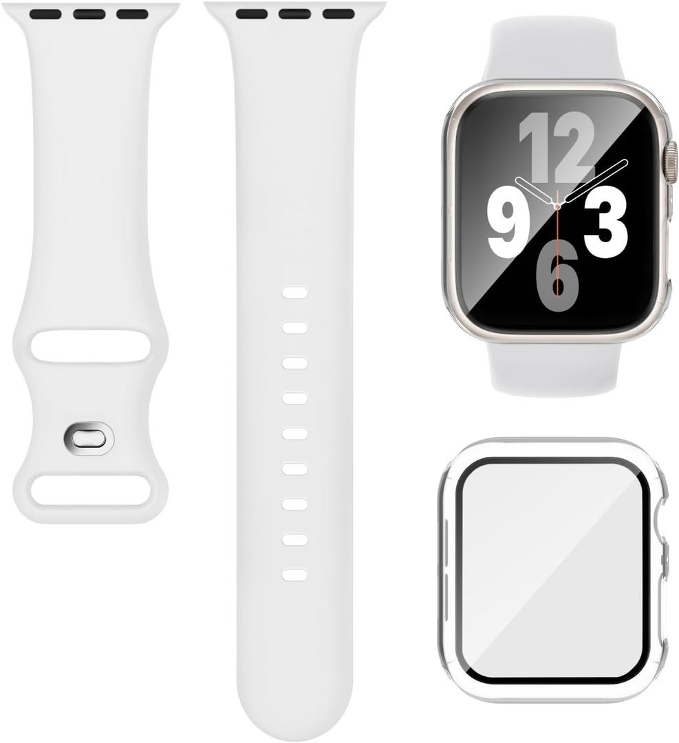 Compatible for Apple Watch Band 40mm 41mm and Case with Screen Protector, Soft Silicone Sport Strap Bands and Protective Cover with Tempered Glass for iWatch Series 9 8 7 SE 6 5 4 (White/Clear)