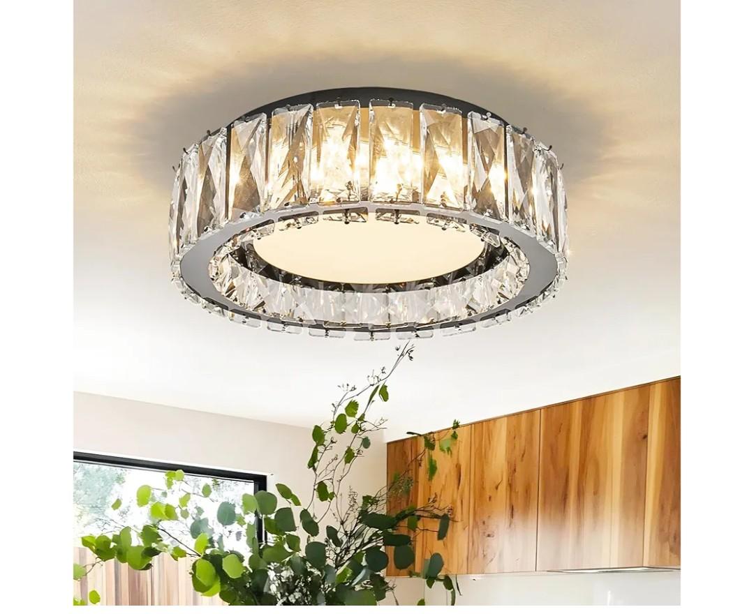 Crystal Dimmable Flush Mount Ceiling Light, Black Modern LED Close to Ceiling Light Fixture with 5CCT 2700K-6000K, Round Kitchen Lighting for Bedroom, Laundry Room, Hallway, Bathroom (11in 24W)