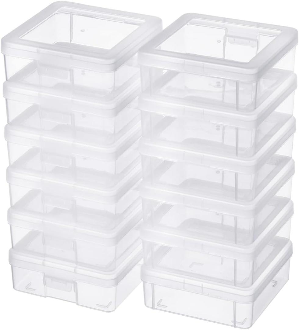 12 Pack Storage Containers with Latching Lid 5" x 5"x 1.9" Small Plastic Clear Stackable Boxes for Office and Beauty