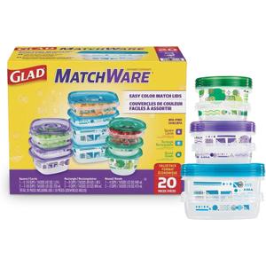 Glad GladWare MatchWare Food Storage Containers with Lids, Reusable Plastic Containers Variety Pack for Lunch, Meal Prep, and Leftovers, Leak Resistant, Microwave and Dishwasher Safe, 20 Piece Set (Multicolor)