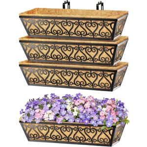 4 Pack 24 Inch Deck Railing Planter Box - Window Boxes Planters with Adjustable Brackets Coco Liners Balcony Planters Railing Hanging for Window Flower Boxes Outdoor Garden Decor