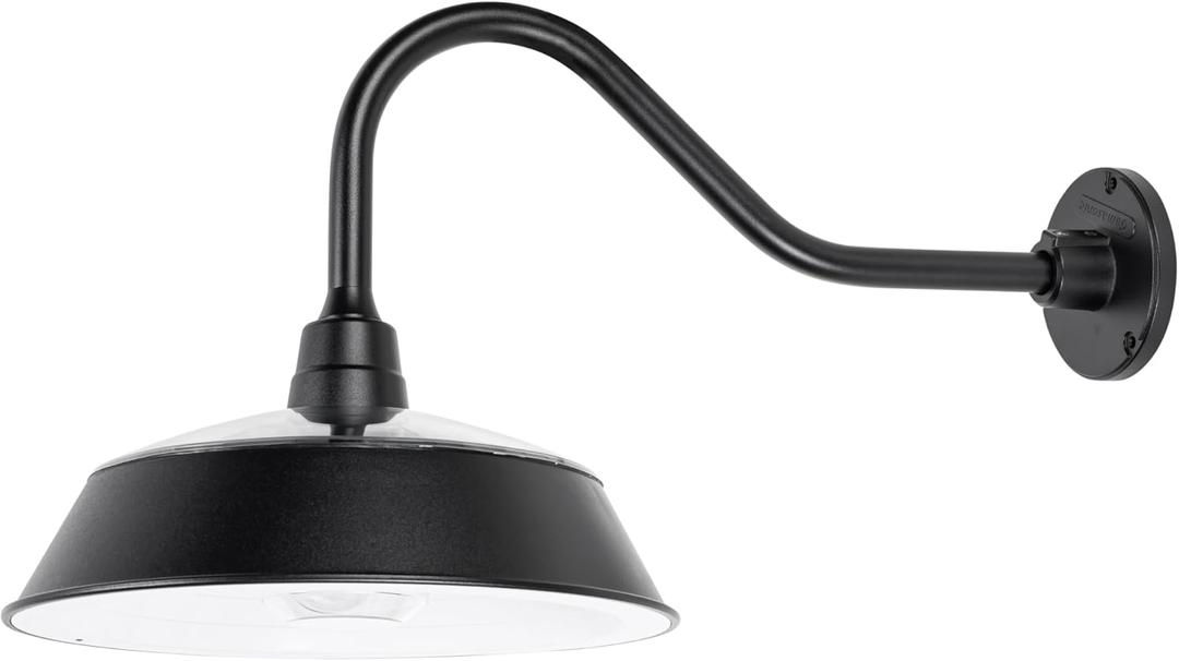 Gama Sonic Solar Barn Light for Outdoors with 14.5 Metal Dome Lamp, Bright 250-Lumen LED, Wall-Mount Gooseneck, Dusk-to-Dawn, Warm White 2700K, Aluminum, Integrated Solar Panels, Waterproof (Black)