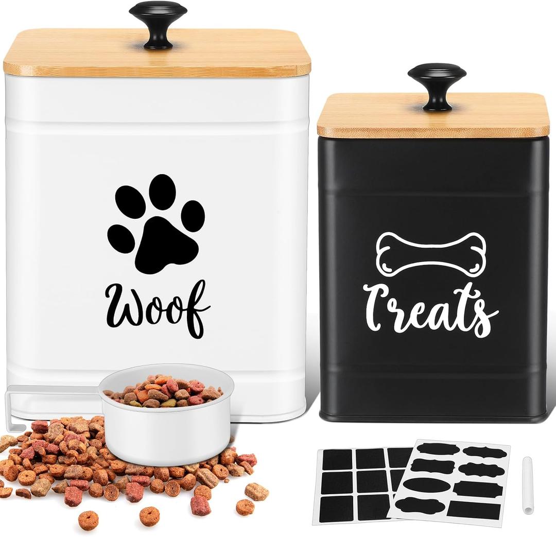Metal Dog Food Containers Set of 2 with Bamboo Lids and Spoon Airtight 7+3 lbs Dog Treat Snack Jars with DIY Labels Big Pet Cookie Storage Jar for Kitchen Counter (Vintage)
