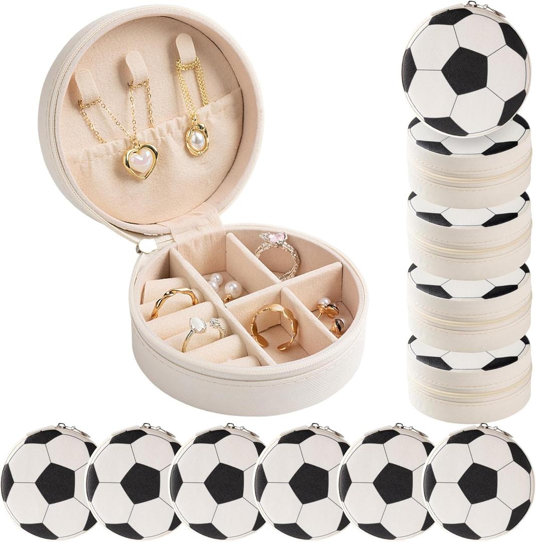 12-Pack Soccer Jewelry Box Bulk Team Gifts for Girls, White Round Mini Travel Jewelry Case for Soccer Players Coaches, Senior Night Tournament Gifting