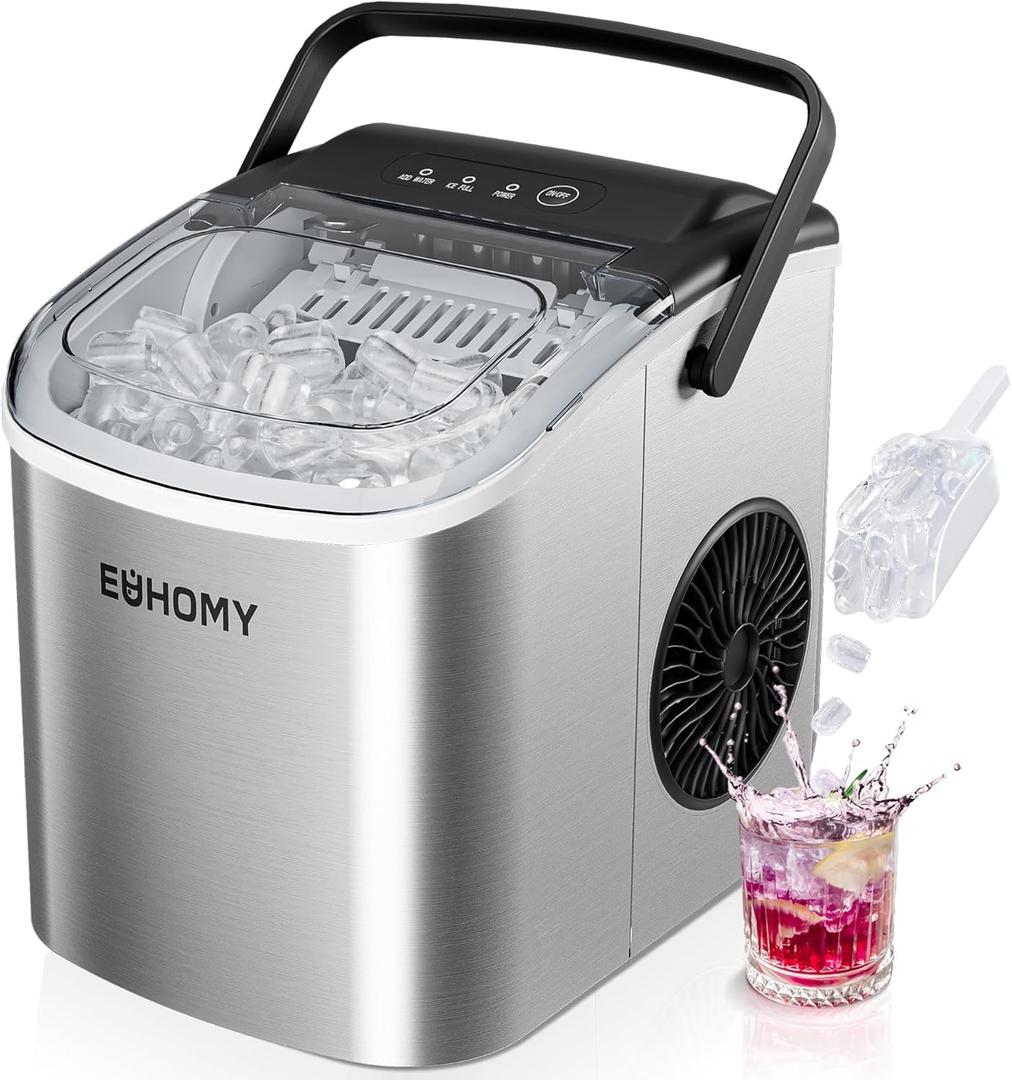 EUHOMY Countertop Ice Maker Machine with Handle, 26lbs Per Day, 9 Ice Cubes Ready in 6 Mins, Auto-Cleaning Portable Ice Maker with Basket and Scoop, for Home/Kitchen/Camping/RV (Silver) (11.57"D x 11.42"W x 8.74"H, Light Grey)