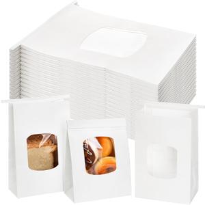 Okllen 100Pcs Bakery Bags with Window, 6x3x9 Inches White Tin Tie Tab Lock Kraft Paper Bags for Cookies, Coffee Beans