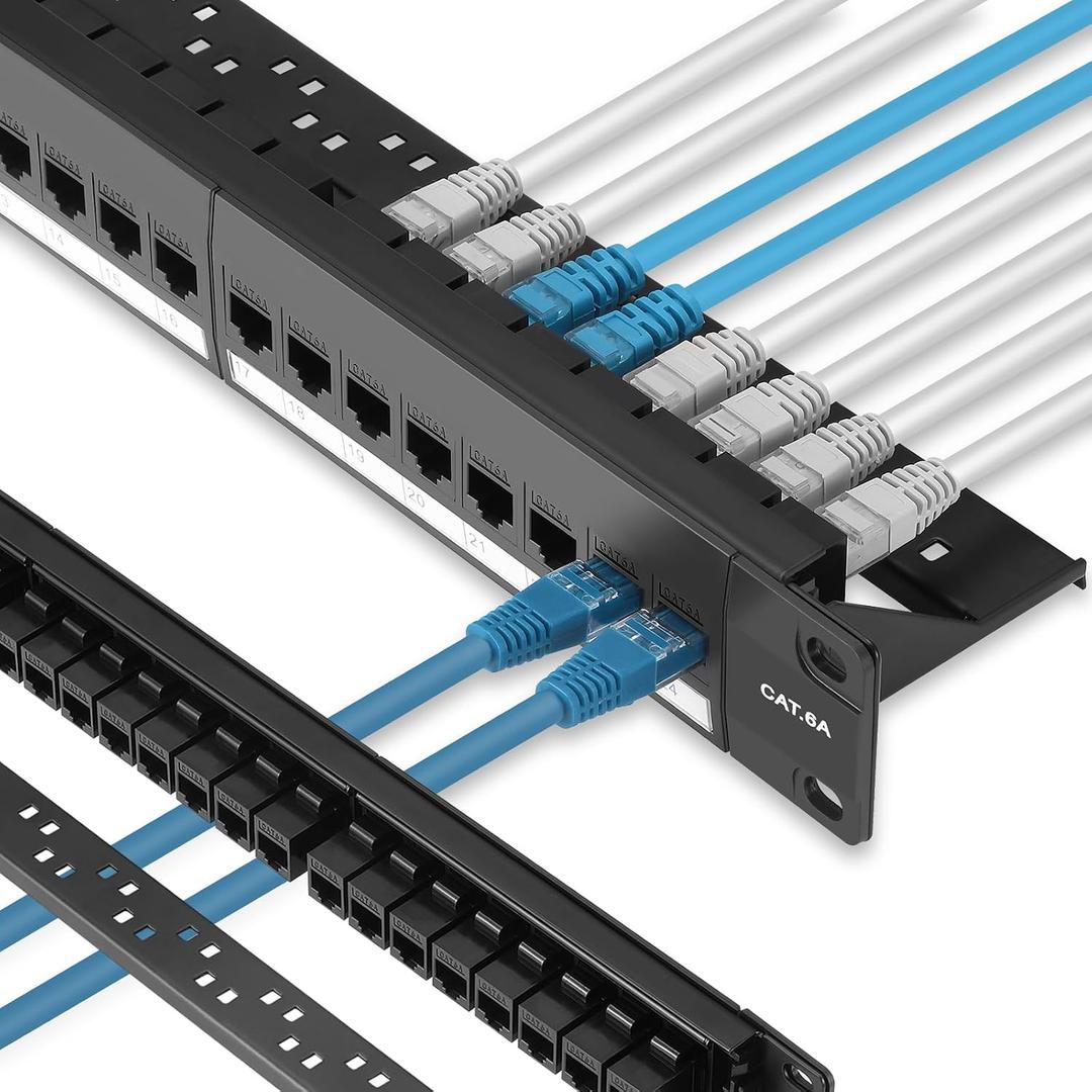 Rapink Patch Panel 24 Port Cat6A with Inline Keystone 10G Support, Pass-Thru Coupler UTP 19-Inch with Removable Back Bar, 1U Network Patch Panel for Cat6a,Cat6, Cat5e, Cat5 Cabling