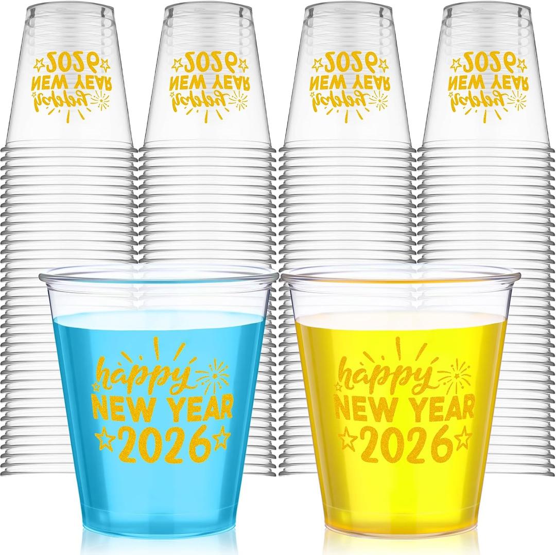 200 Pcs Happy New Year 2026 Plastic Shot Glasses 1.5 oz Disposable Cups New Year's Eve Cocktail Shot Cups Bulk Clear Plastic Glasses for Winter Holiday Drinks Party Supplies Whiskey Wine